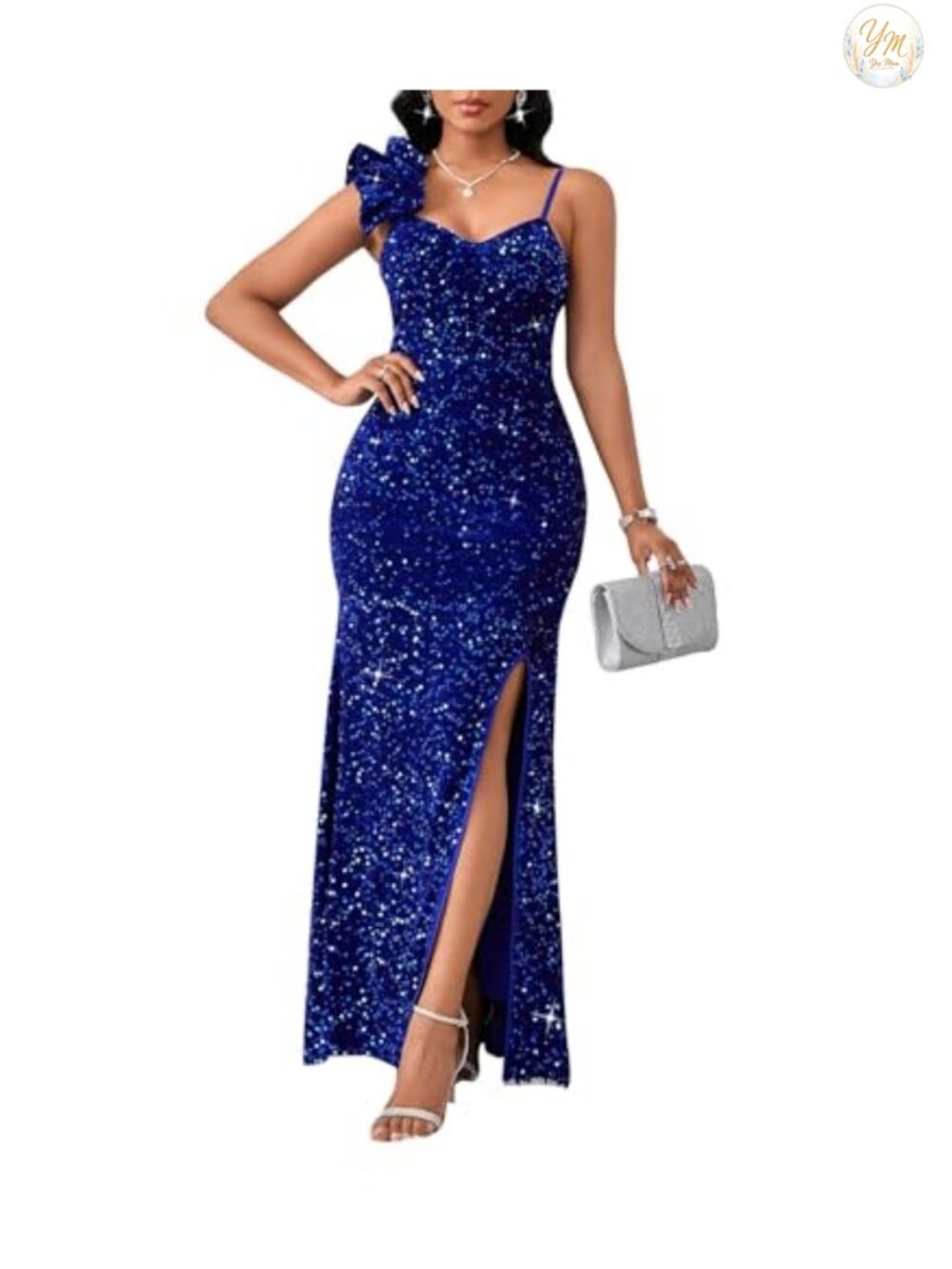 Sequin Formal Evening Gown High Split Mermaid Ruffled Hem Maxi Dress